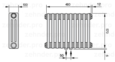 Схема (чертеж) Радиатор Zehnder Charleston 3057/10 №5410 Белый глянцевый RAL 9016
